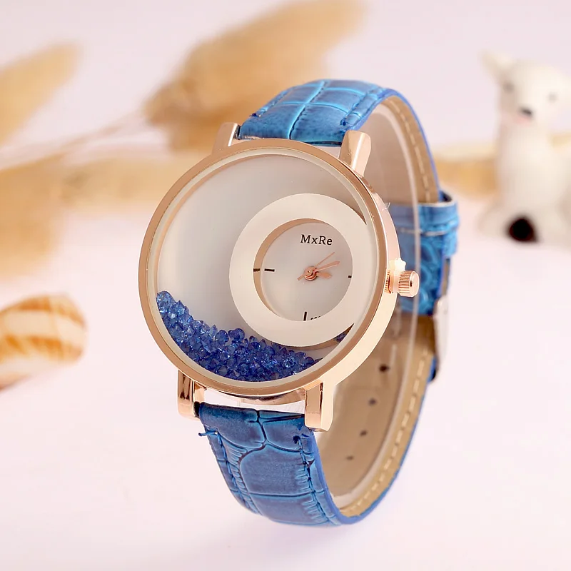 Новые модные женские наручные часы с кожаным ремешком, стразы, повседневные женские модельные часы с кристаллами, сплошной цвет,, Relogio Feminino - Цвет: blue