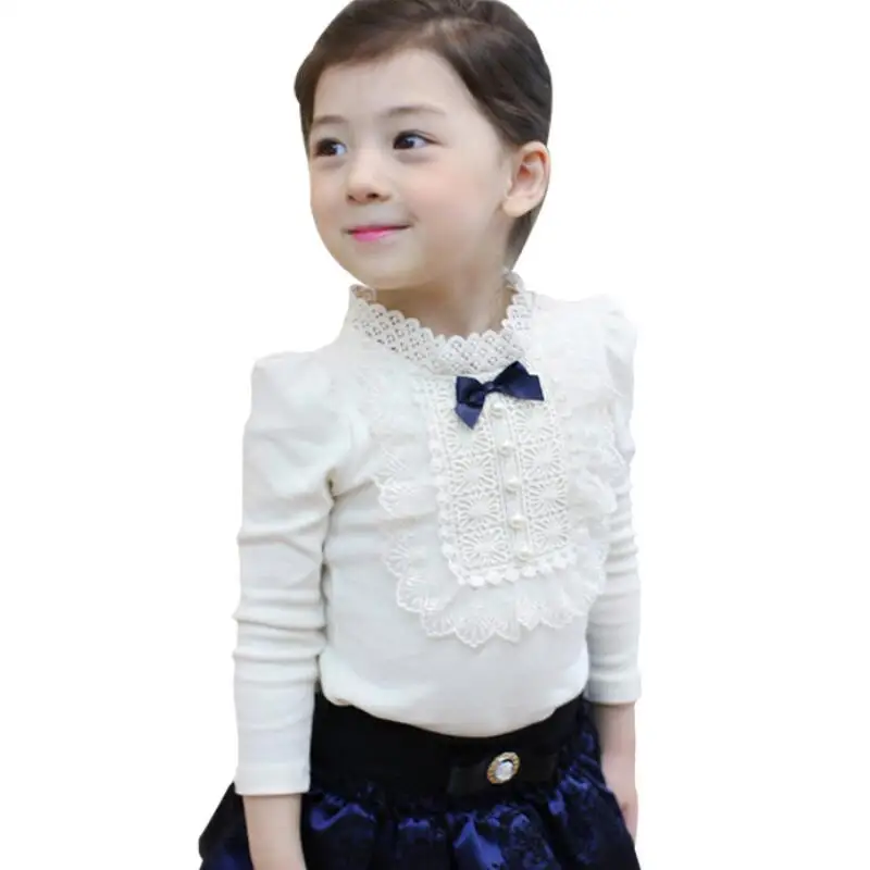 

2018 Spring Fall Winter School Girls Shirts Kids White Pink Child Long Sleeve Lace Bow Girl Tops And Blouse Baby Clothes JW3259