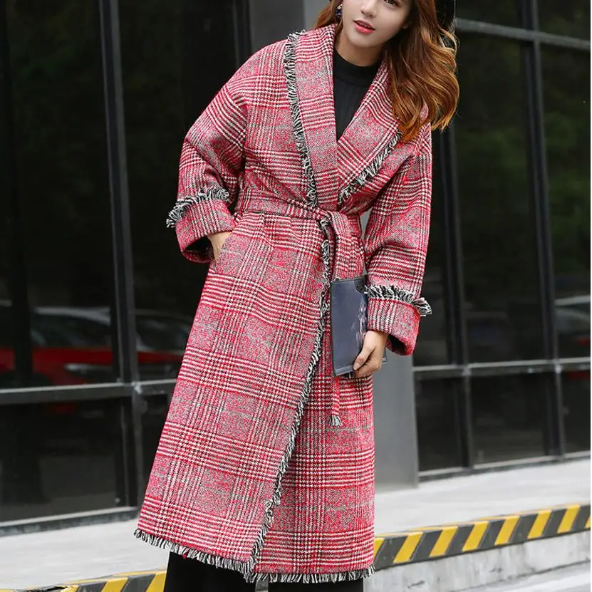 Mode Glands Manches Manteau Red Longues Mélanges De Poule Laine Femmes Plaid Lâche pq8g66