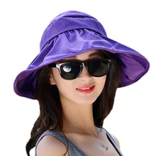 Fashion Face Protection Sun Hat Summer Beach Hats For Women Foldable Anti-UV Wide Big Brim Adjustable Fedora Hat Floppy Cap NO