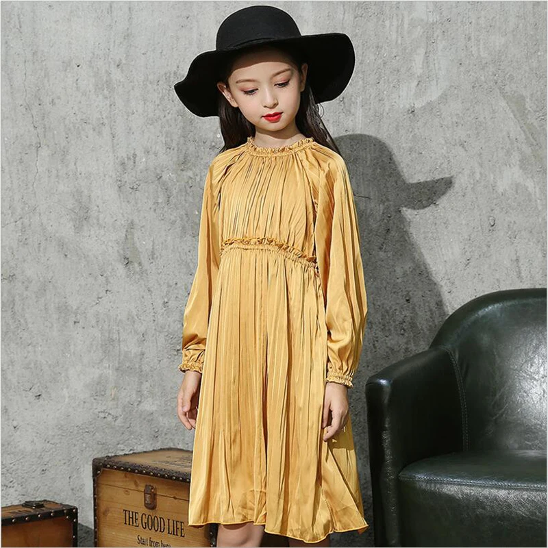 

Vintage big girls pleated dress for toddler kids casual long sleeved clothing princess party wedding vestidos 4t-12