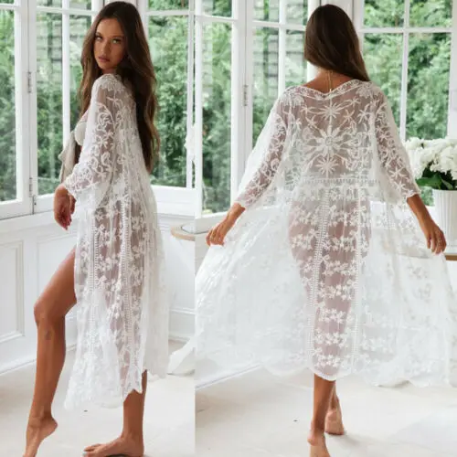 See-through Women Lace Kimono Beach Blouses Woman Cardigan Cover Up Wrap Long Blouse 2019 NEW Arrival