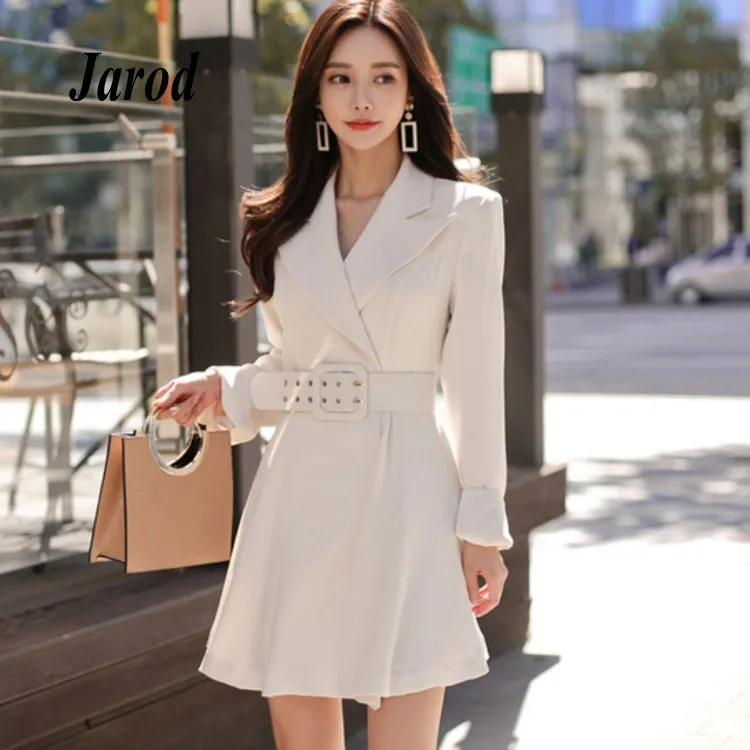 

New 2018 Autumn Women white Double-Breasted Short Dress Formal Long Sleeve Notched Collar Slim Dress Casual High Waist Dress