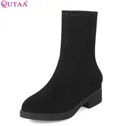 QUTAA/2019 г. Для женщин флокированные ботильоны Модные женские туфли квадратный каблук зимние сапоги с круглым носком женская обувь сапоги
