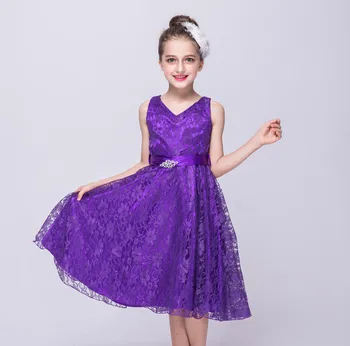 

9 Colors Children Clothes Lace Diamond Belted Girls Princess Dress Ivory Beige Kids Party Purple Wedding Dresses Black Blue