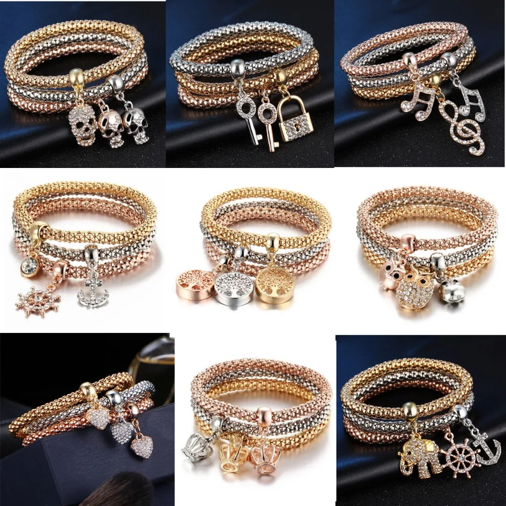 

Fashion Gold Chain Bracelet Men Punk Skull Love Heart Charm Bracelets Bangles for Women Jewelry Wedding Gifts Jewellery 3pcs/set