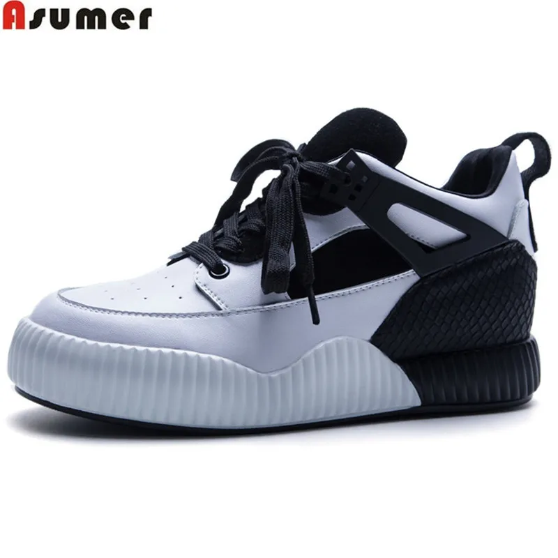 

Asumer black pink fashion spring autumn shoes woman round toe lace up flat platform women genuine leather flats size 35-42