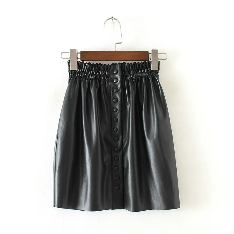 Tangada женская юбка мини кожаная юбка черная кожаная юбка юбка на резинке юбка на пуговках сексуальная юбка из кожзама короткая юбка базовая юбка TB76 - Цвет: Черный
