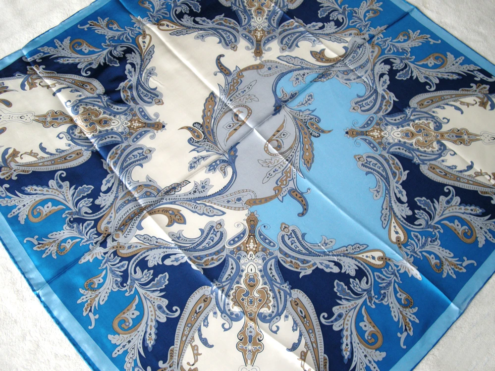 

Fashion Stipe Flowers Print Silk Scarf Women Blue Assorted Color Hand Roll-Hemmed Silk Twill Infinity Square Shawl