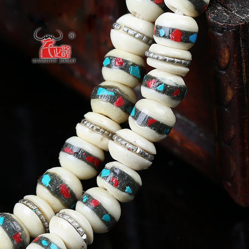 

10PCS Bovine bone inlaid with copper coral songstone Tibetan buddhist bracelet DIY accessories. Hole 1.5mm