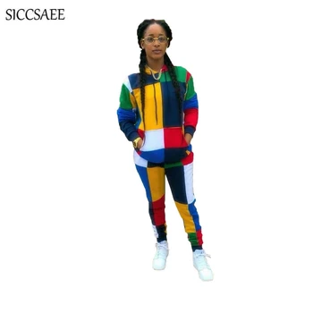 

Contrast Color Block Patchwork Two Piece Set Women Hoodies Long Pants Suits Sweat Suit Casual Outfits Moleton Feminino Loose Hip
