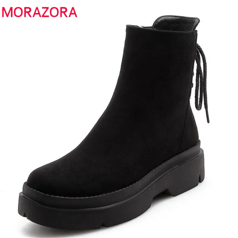

MORAZORA 2020 top quality genuine leather boots women round toe autumn winter boots casual shoes woman zip lace up ankle boots