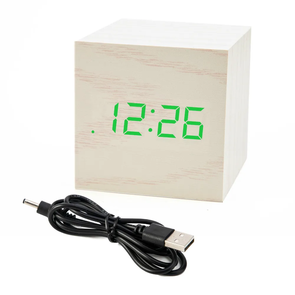 Кубические деревянные часы цифровой светодиодный Настольный будильник термометр управление звуками светодиодный дисплей календарь BestSelling2018Products - Цвет: A-White wood green
