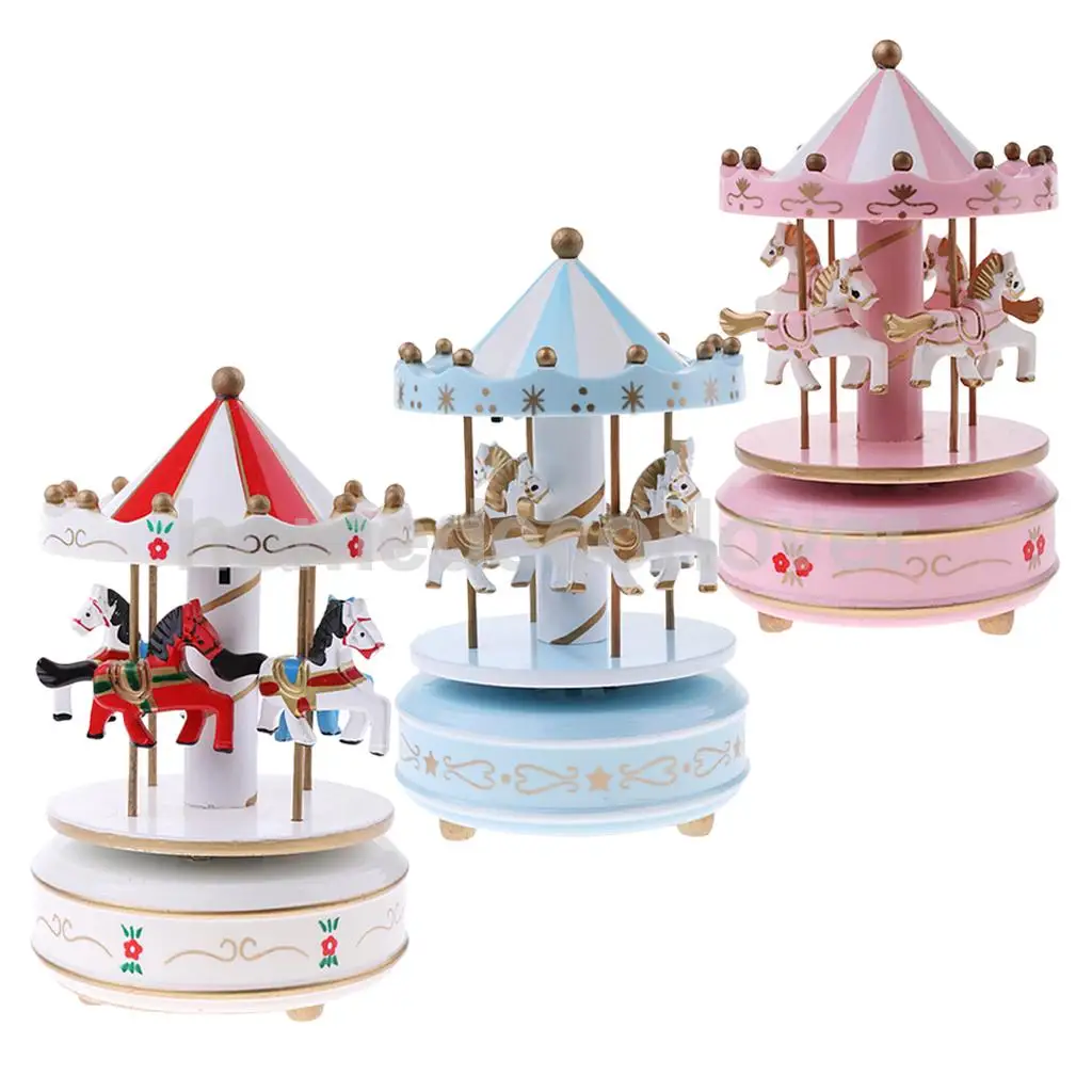 Wooden Rocking Horse Carousel Music Box w/ LED Light Mechanical