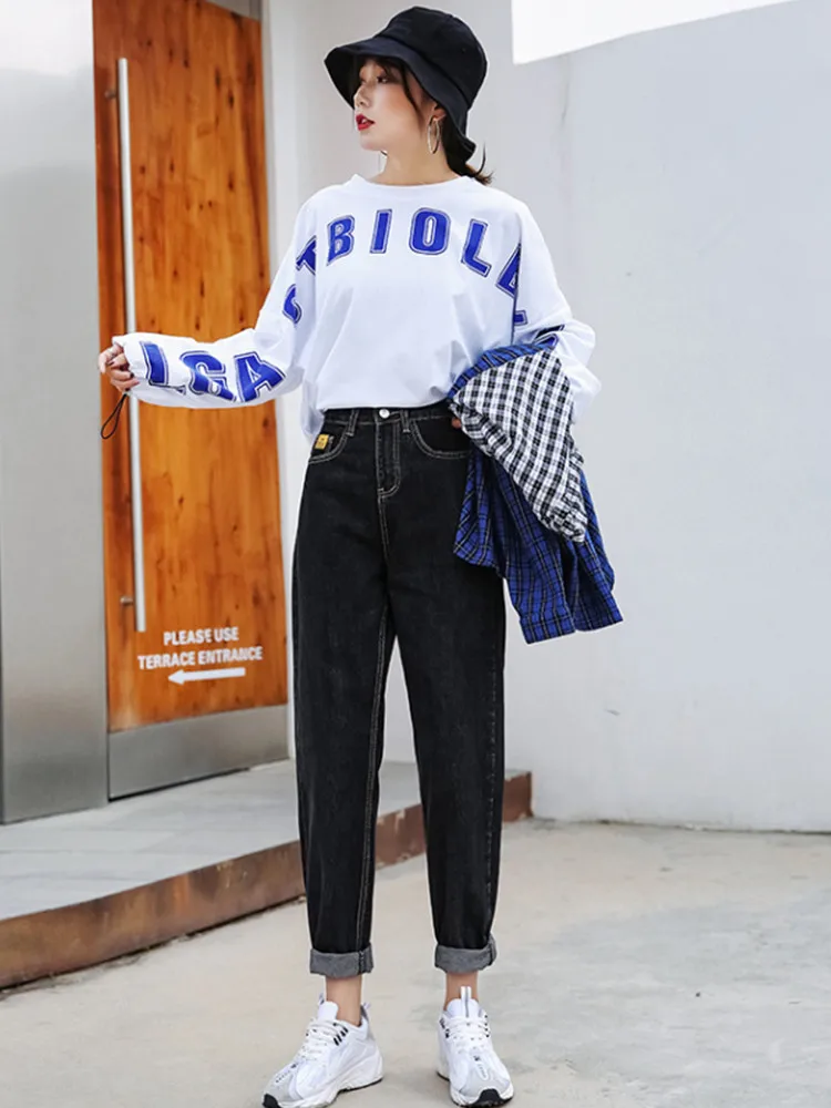 JUJULAND Fashion Jeans Woman High Waist Boyfriend Jeans For Women Plus Size Blue Black White Denim Mom Jeans Pants Trousers 8208