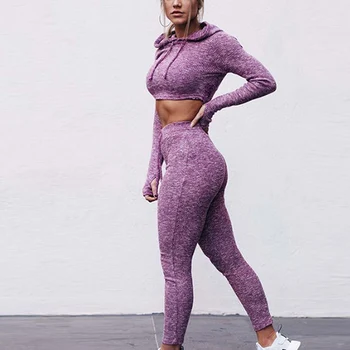 

2pcs Women Long Sleeve Solid Hooded Hoodie Tight Pants Set