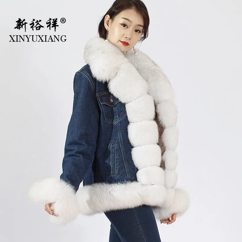 Белый XINYUXIANG натуральный Лисий Мех джинсовые куртки High street теплый белый лисий мех воротник зима натуральный мех кролика подкладка пальто 239N - Цвет: Белый
