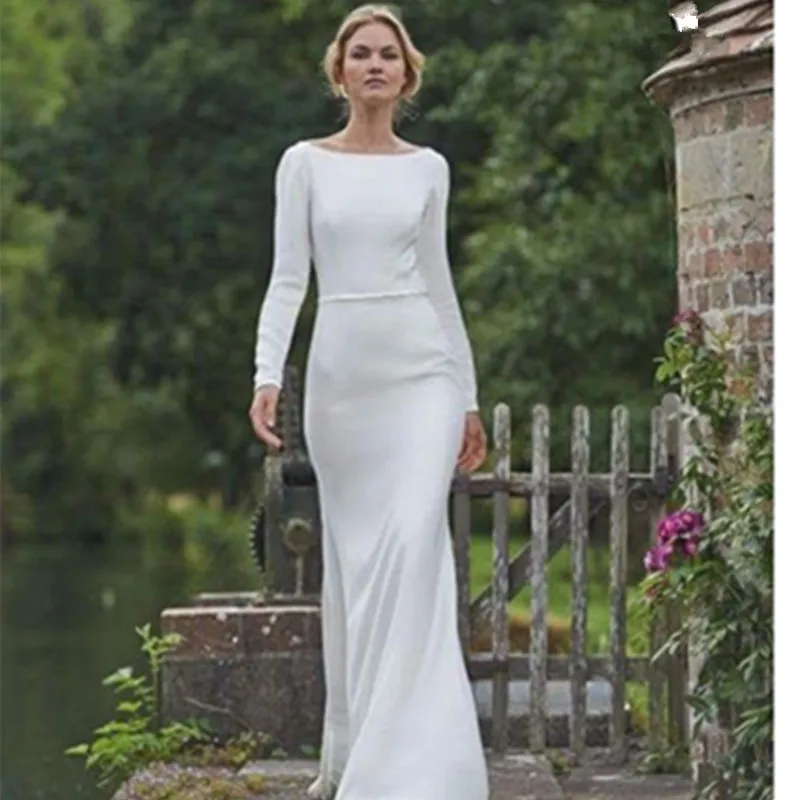 

2017 white satin Wedding Dresses scoop Long sleeve Bridal Gowns with button Vestidos de Novia family country wedding dress