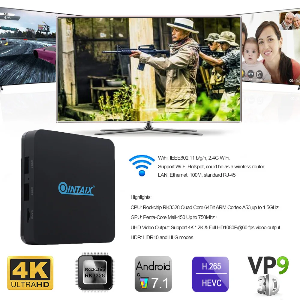 QINTAIX Q28 android 7.1 Nougat RK3328 tv box 2GB RAM 8GB ROM Quad Core 4K HDR media player | Электроника