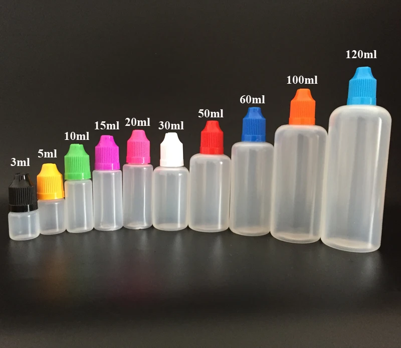 

50pcs 5ml 10ml 15ml 20ml 30ml 50ml 60ml 100ml 120ml PE Plastic Refillable bottle Empty E Liquid E juice Dropper Bottle