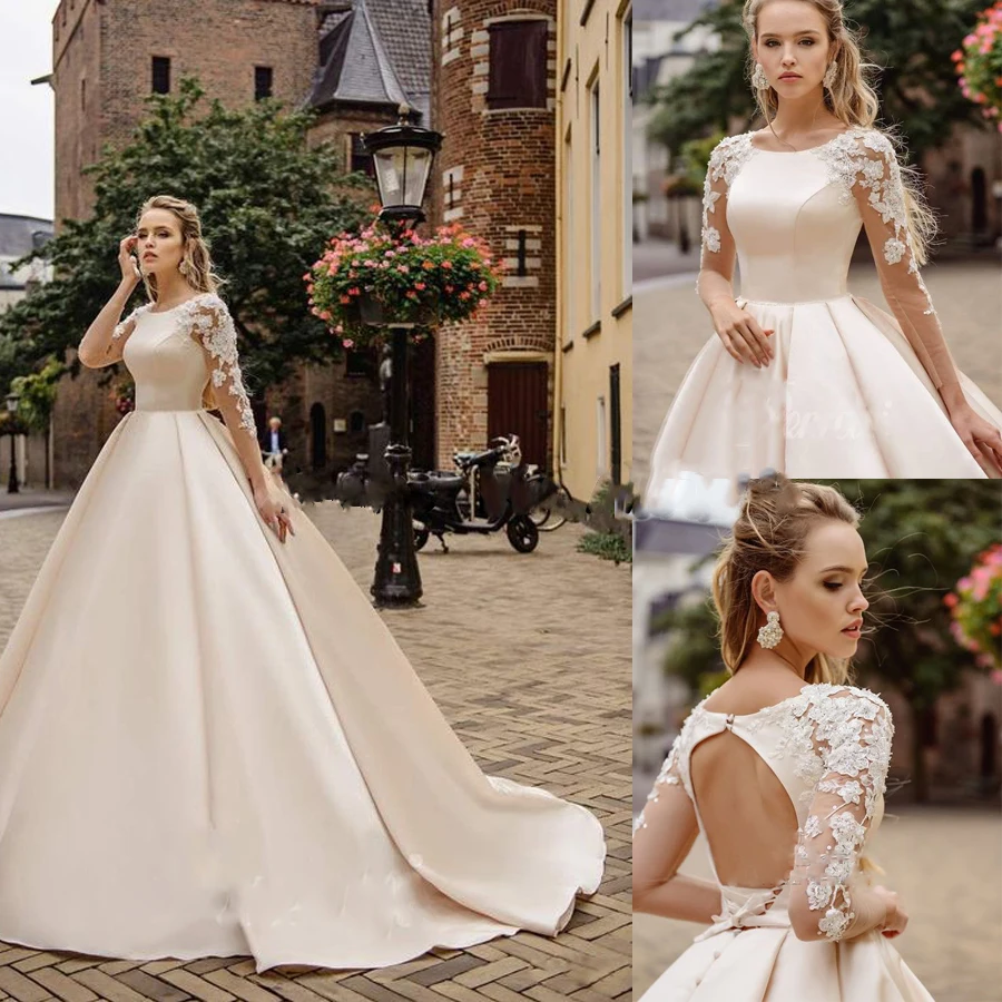 

O-neck Long Tulle Sleeves Beading Lace Applique Ball Gown Wedding Dress Court Train Backless Lace-up Button Vestido de novia