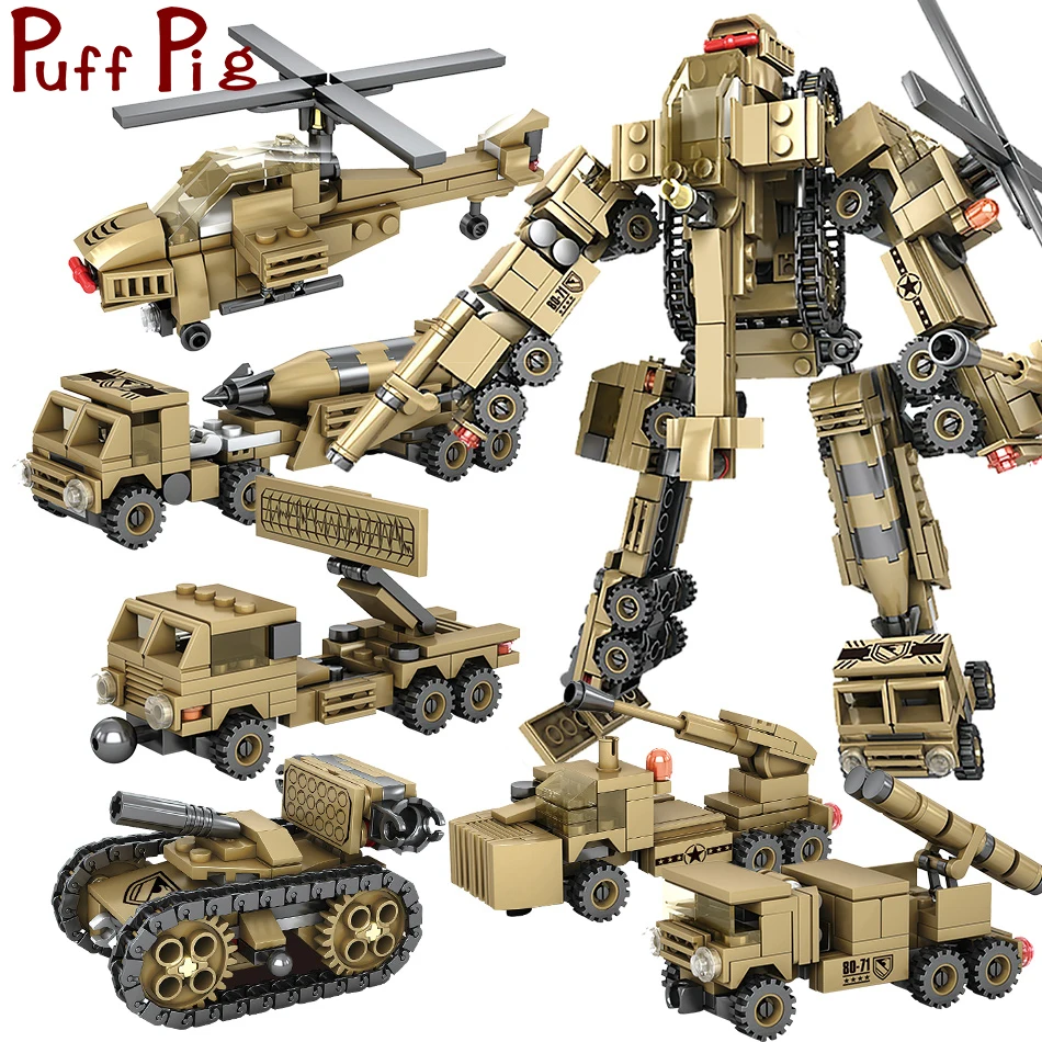 

545pcs 6in1 Transform Armored Robot Mini Military Vehicles Model Building Blocks Blocos De Montar Army World Of Tank Kids Toys
