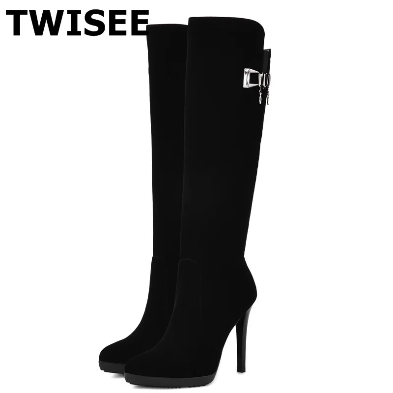 

women knee high pumps boots new style zapatos mujer warm metal decoration point toe woman party shoes comfort fashion