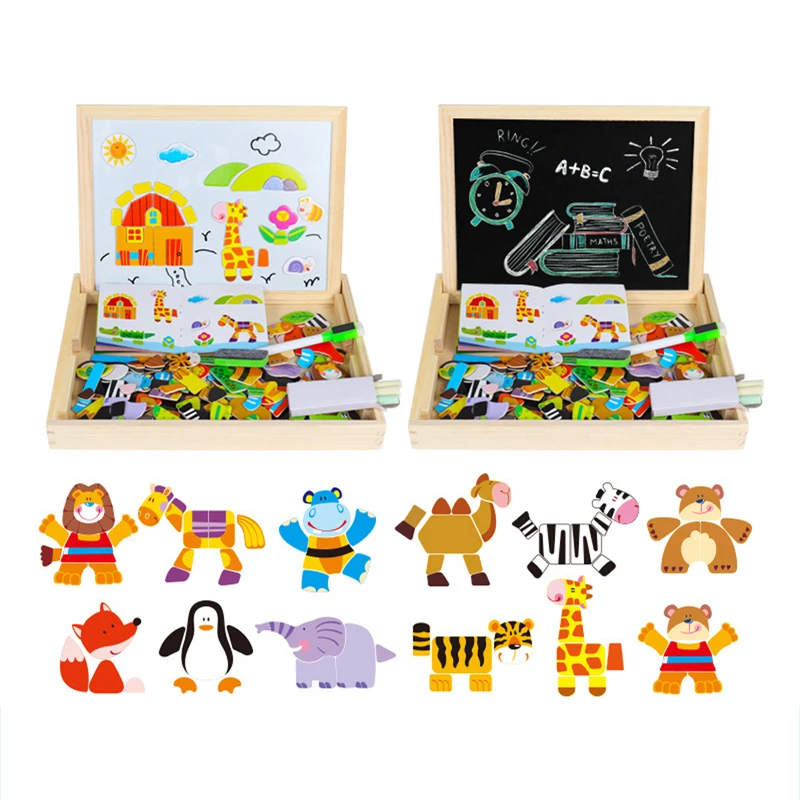 Магнитные Головоломки веселые детские деревянные пазлы доска коробка штук игры Мультяшные развивающие Рисование детские игрушки для