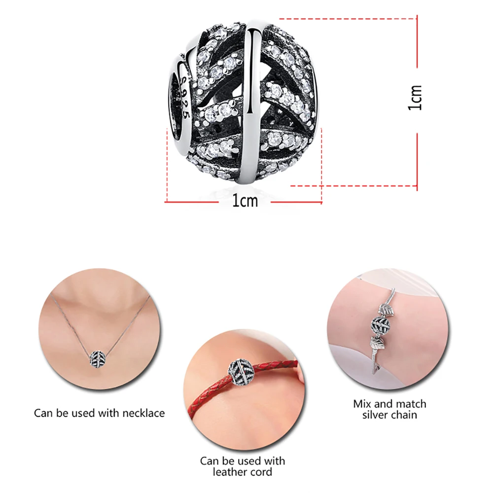 ELESHE 925 Sterling Silver Openwork Crystal Leaf Bead & Charm Fit Original Bracelet Necklace DIY Jewelry Making