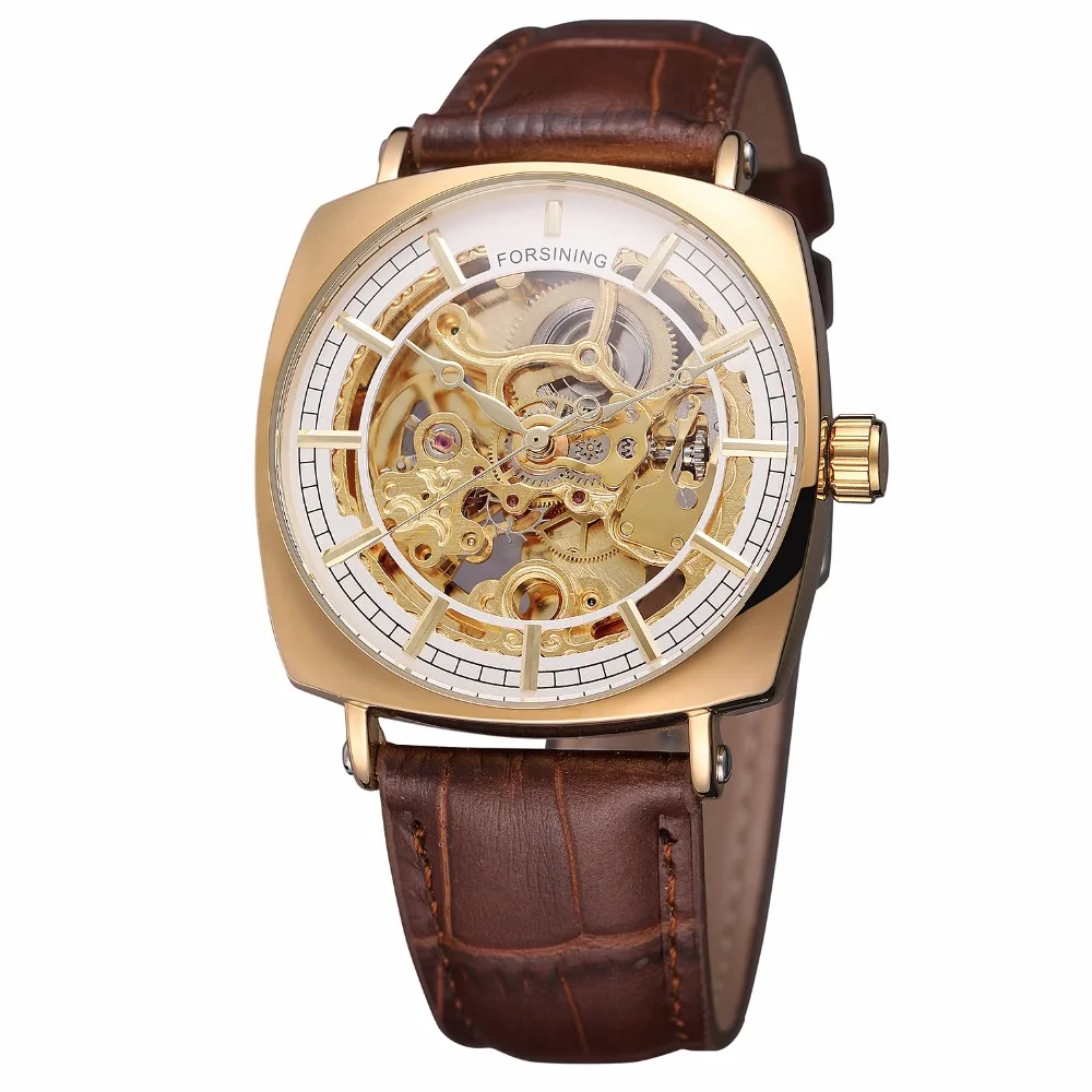 

New Arrival Brown Genuine Leather Fashion Royal Luxury Golden Case Skeleton Clock Mens Automatic Self Wind Mechanical Watch