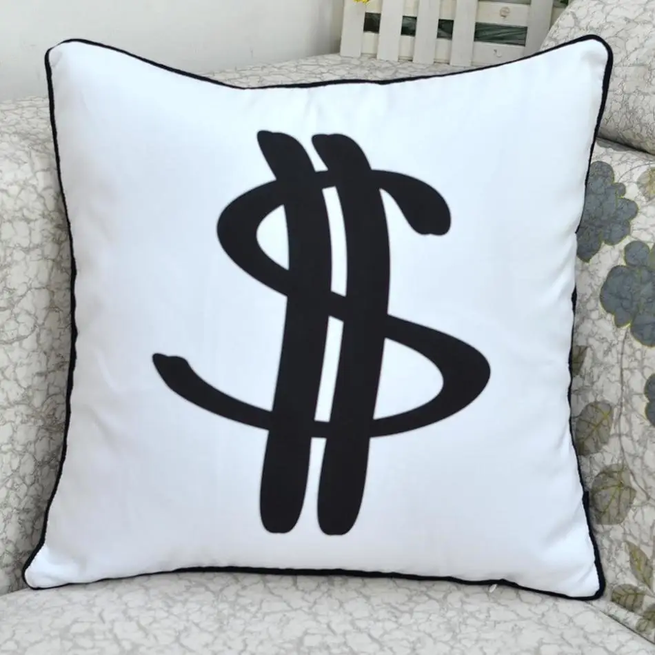 45*45 CM Decorative Dollar Sign Printed White Throw Pillow Case Cushion