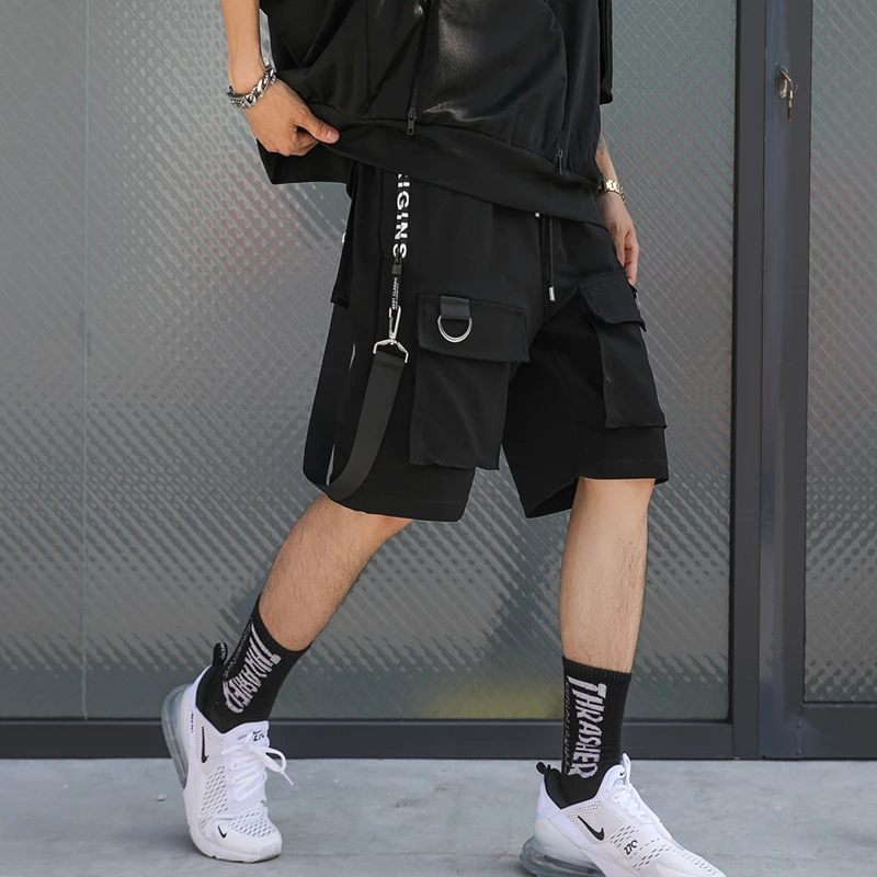 2019 Hip Hop Summer Men's Black Ribbons Streetwear Bermuda Zipper Pockets Shorts Male Punk Casual Knee Length Short SweatPants