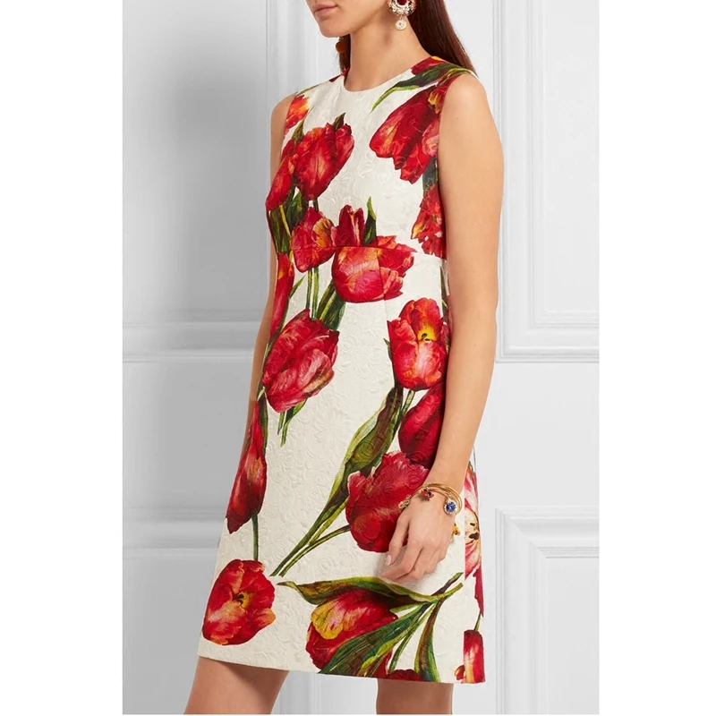 ligne Rouge Jacquard Impression Haute Beauté Robe Féminine Mince Nouveau Designer Mariée Femmes 2018 A Coton Automne Qualité Piste Tulipe wRZ7z