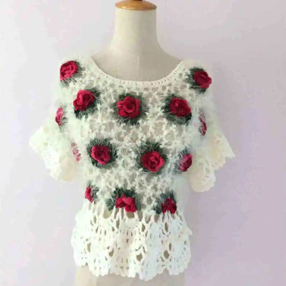 Вязаные крючком женские свитера ручной работы,, винтажный, этнический, мохер, с вырезами, розовый, Цветочный, с рукавом-бабочкой, пуловер, белый, черный, 2052 - Цвет: Белый