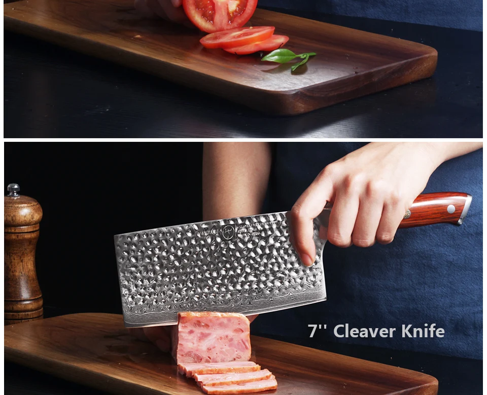 FANGZUO, дамасская сталь, высокое качество, 3 шт., набор кухонных ножей, 5 дюймов, универсальные ножи, 7 дюймов, Кливер, 8,5 дюймов, нож шеф-повара