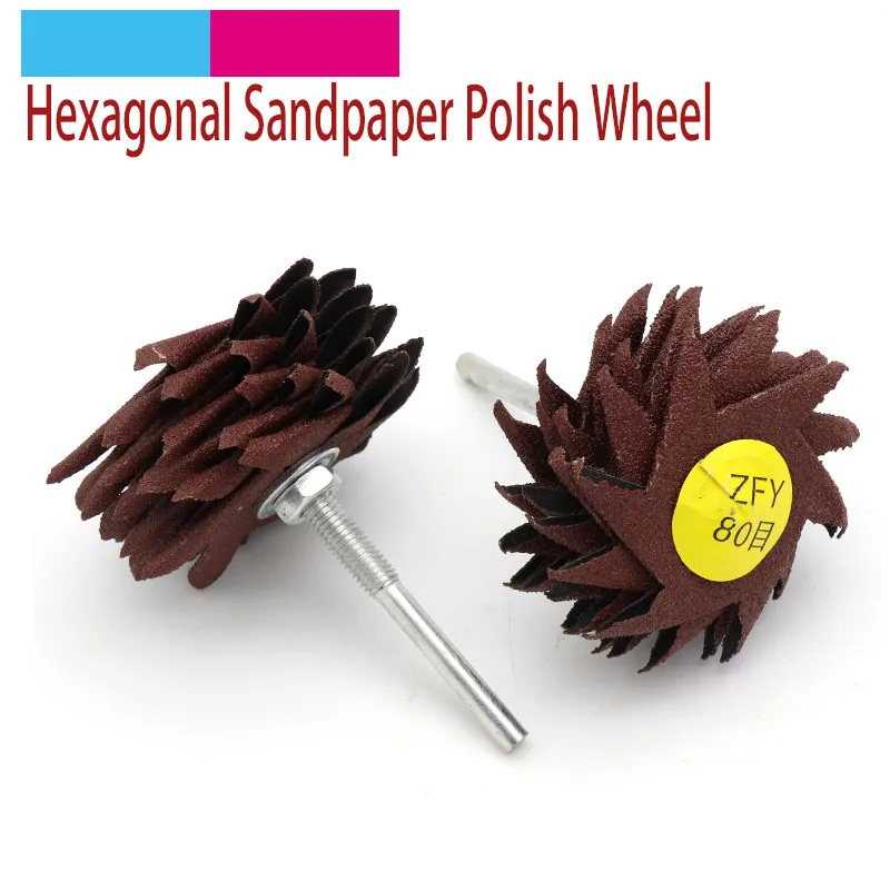 

1pc 6mm Shank Polishing Wheel Brush Hex Sandpaper Sanding Flap Grit 80 to 400 For Wood Carving Furniture Grinding Cleaning Tools