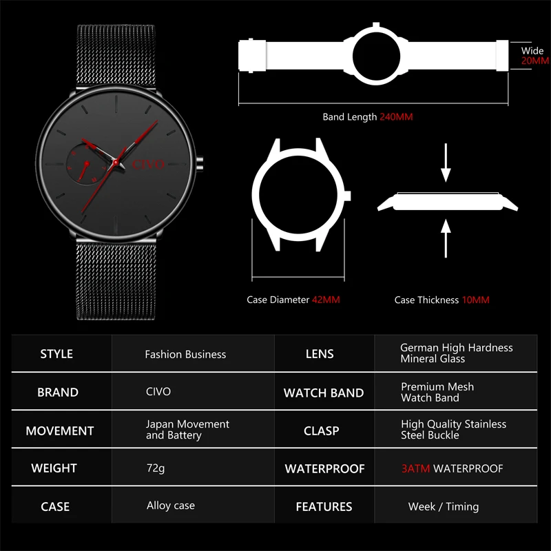CIVO Men Analog Sports Watches Men's Army Military Watch Male Waterproof Mesh Strap Simple Quartz C