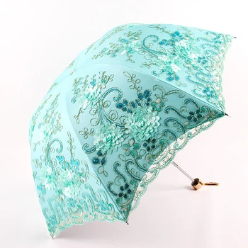 

Plastic anti-UV Sun Parasol Folding 3D Flower Embroidery Lace Double Layer Multi color Umbrella FPW9106-3