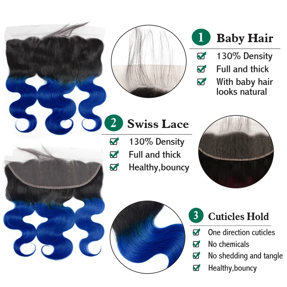 SEXAY 1B/синие цветные человеческие волосы пучки с фронтальными закрытиями предварительно сорванные Омбре бразильские волосы для наращивания волнистых волос не Реми