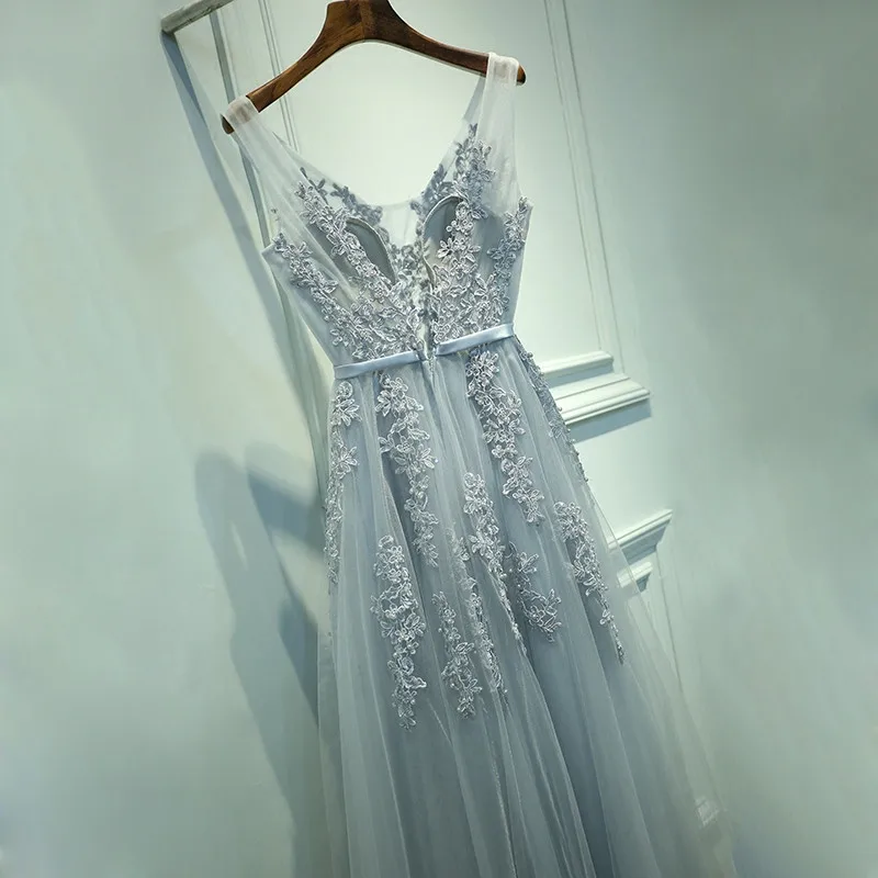 Vestido de festa сексуальное вечернее платье с v-образным вырезом Robe De Soiree высокое качество Серый Тюль с вечерние платья с аппликацией Настоящее фото