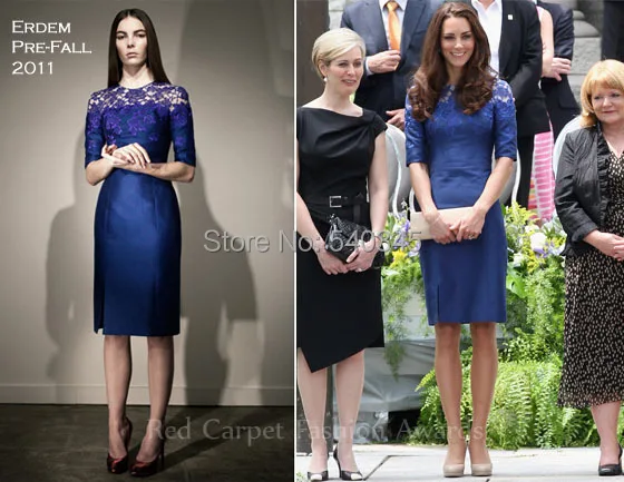 

2019 Hot Sale Royal Blue Half Sleeves Evening Gowns Knee-Length Satin and Lace Kate Middleton Celebrity Dresses vestido de noiva