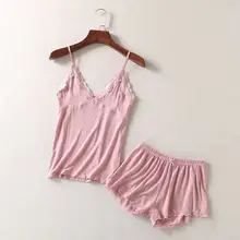 HDY Women 2 Piece Sets Camis and Shorts Sleeping Wear Spaghetti Strap Cami Top Cotton Pink Color Sexy V neck Lace Cami Sets color block crop cami top with shorts
