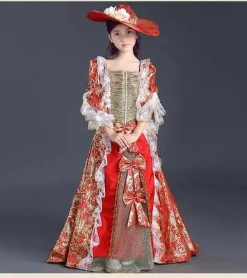 Детское средневековое платье с шапкой для девочек, королевское кружевное платье принцессы для сцены, цветочное средневековое платье Ренессанса, косплей, Венеция, cos - Цвет: Красный