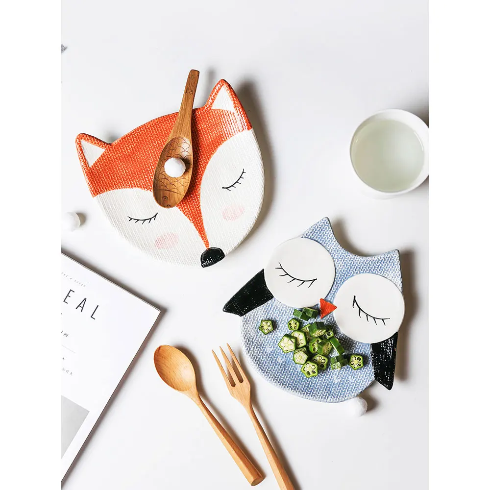 

children dinner plates cute zoo cartoon eco-friendly handpainted 6 inch ceramic porcelain plate and dish owl fox cat child gifts