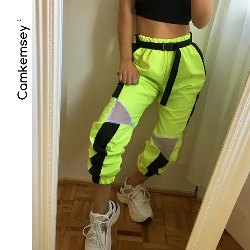 

CamKemsey Mesh Patchwork Neon Green Streetwear cargo Pants Women 2019 New Spring Autumn Loose High Waist Joggers Sweatpants