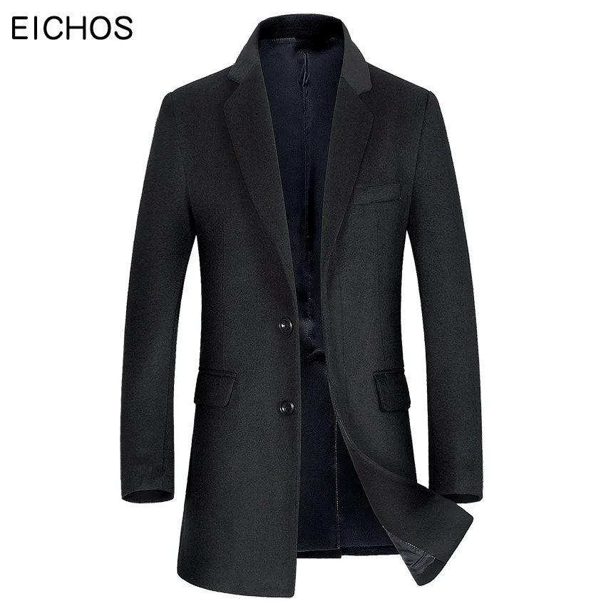 EICHOS High Quality Woolen Peacoat Men Slim Fit Solid Color Overcoat Long Man Autumn Male Wool Blend Casaco Masculino