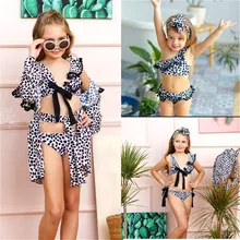 Одежда для детей; малышей; Девочек Леопардовый купальник, бикини с принтом, комплект из 3 предметов с оборками купальный костюм Одежда для купания для девочек, детский пляжный чехол-ИБП От 1 до 6 лет