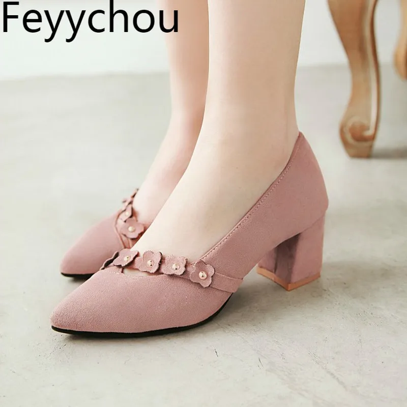 

Women's Pumps High Heels Spring Autumn Flock Pointed Toe Slip on Thick Heel 2019 New Sexy Fashion Casual Party Big Size 34-45