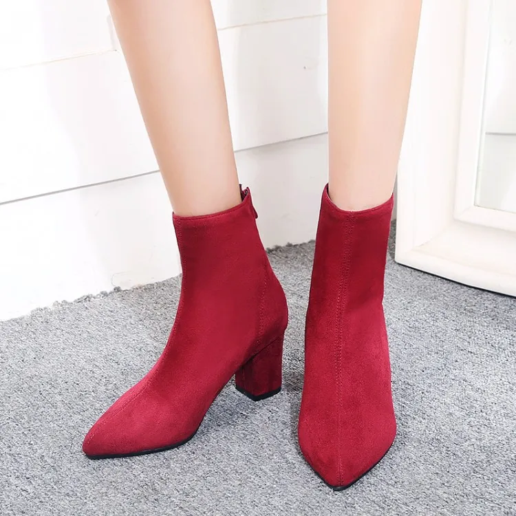 

Big Size 11 12 13 14 Ma'am Coarse heel Short boots Pure color boot barrel Suede high-heeled boots