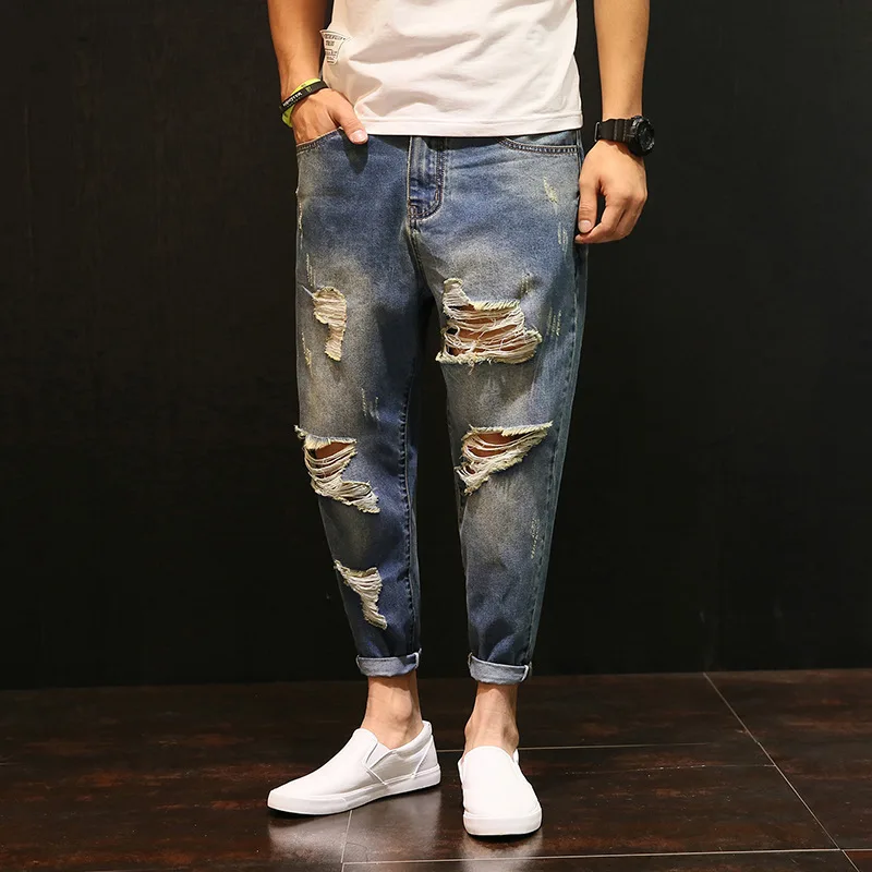 

Men Baggy Ripped hole denim pants Male Distressed Harem Jeans Oversize 42 Hip Hop Cropped jean pants Do old Style Joggers A60504